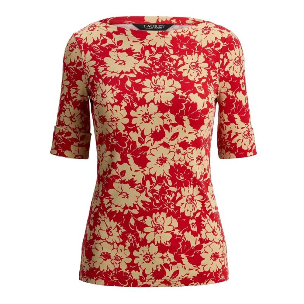 Lauren Ralph Lauren Womens Floral Stretch Cotton Boatneck Tee S Red/Tan - NWT
